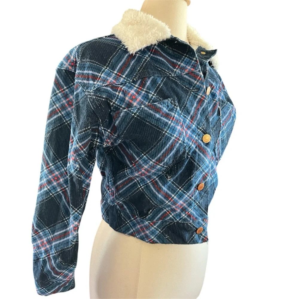Levi Strauss Co Blue Red Plaid Lightweight Corduroy Jacket Sherpa collar 12yrs.